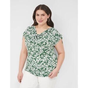 Lane Bryant Size 22 24 Floral Print Drawcord Cap Sleeve Drape Neck Top Green